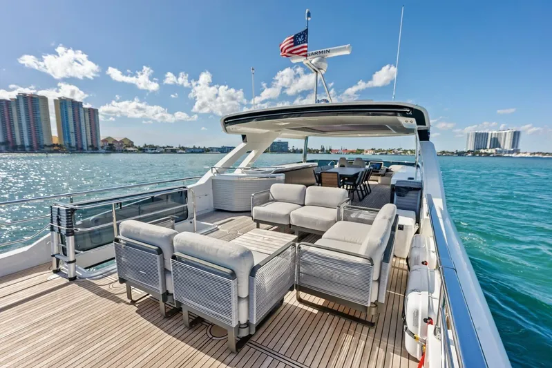 Fantasy Girl Yacht Photos Pics Luxurious 2025 Absolute 75 Navetta yacht with spacious deck and modern seating on open water.