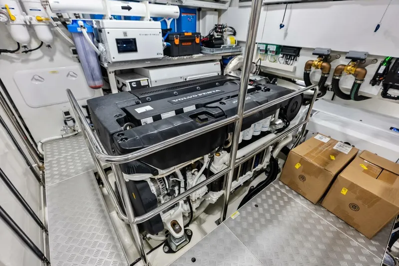 Fantasy Girl Yacht Photos Pics Engine room of 2025 Absolute 75 Navetta yacht with Volvo Penta engine.
