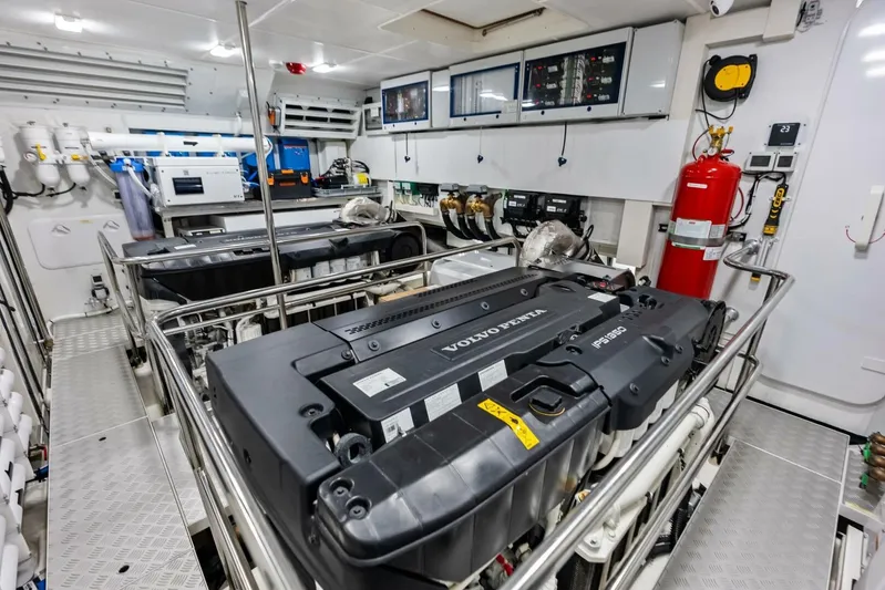 Fantasy Girl Yacht Photos Pics Engine room of 2025 Absolute 75 Navetta yacht with Volvo Penta engines and control panels.