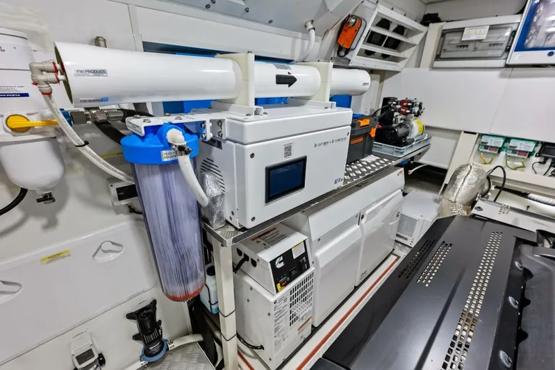 Fantasy Girl Yacht Photos Pics Engine room of 2025 Absolute 75 Navetta yacht, showcasing advanced machinery and equipment.