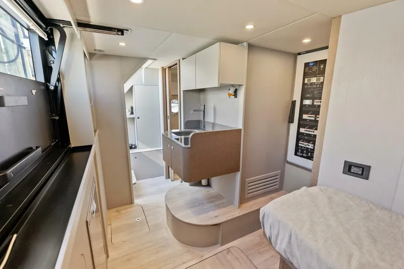 Fantasy Girl Yacht Photos Pics Interior of 2025 Absolute 75 Navetta yacht, featuring modern design and compact amenities.