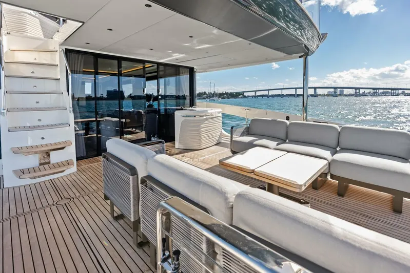 Fantasy Girl Yacht Photos Pics Luxurious deck of 2025 Absolute 75 Navetta yacht with modern seating and ocean view.