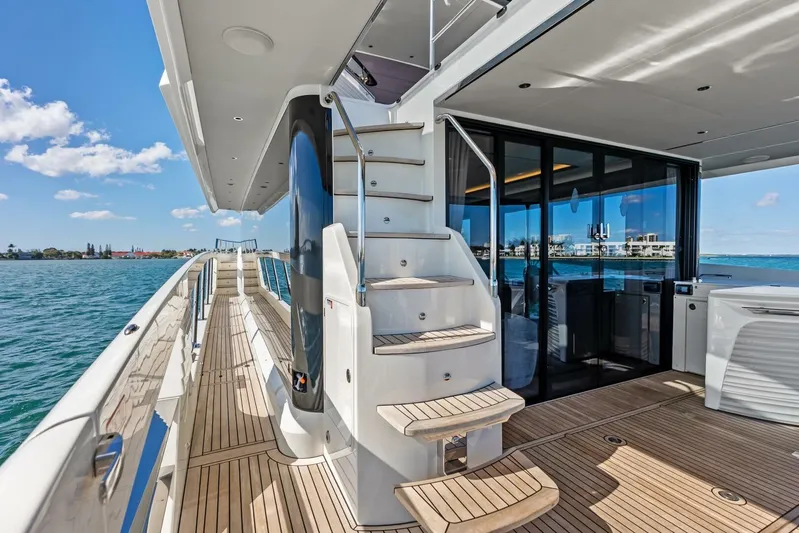 Fantasy Girl Yacht Photos Pics Luxury Absolute 75 Navetta yacht deck with stairs, ocean view, and modern design, 2025 model.