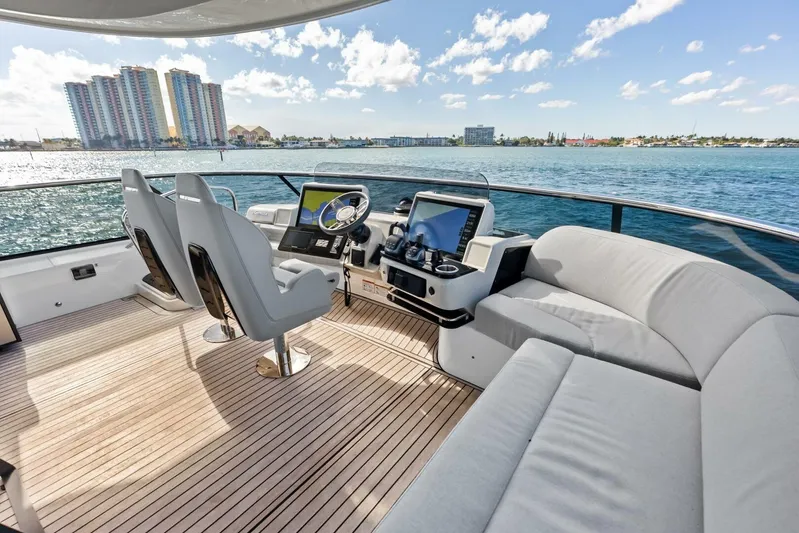 Fantasy Girl Yacht Photos Pics Luxurious 2025 Absolute 75 Navetta yacht deck with modern helm and seating, overlooking serene waters.