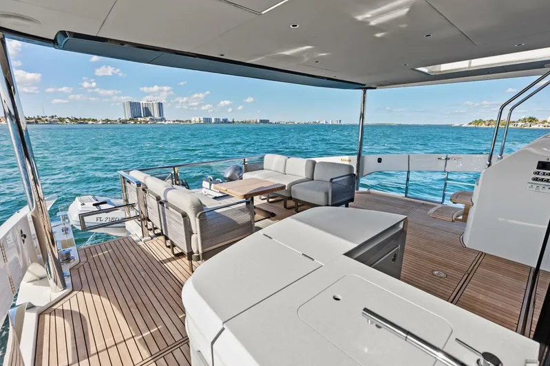 Fantasy Girl Yacht Photos Pics Luxury deck of 2025 Absolute 75 Navetta yacht with ocean view and modern seating.