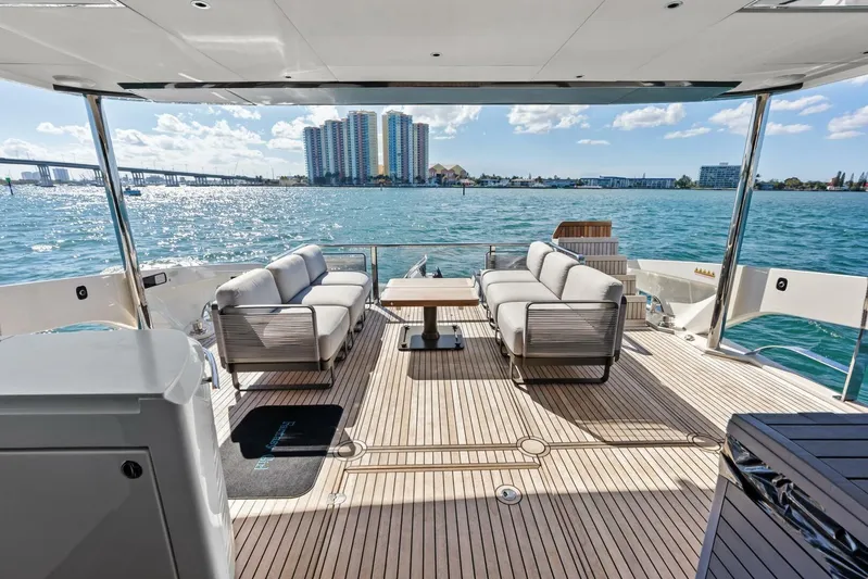 Fantasy Girl Yacht Photos Pics Luxurious deck of 2025 Absolute 75 Navetta yacht with ocean view and modern seating.