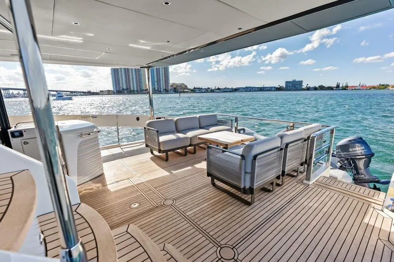 Fantasy Girl Yacht Photos Pics Luxurious deck of 2025 Absolute 75 Navetta yacht with waterfront view.