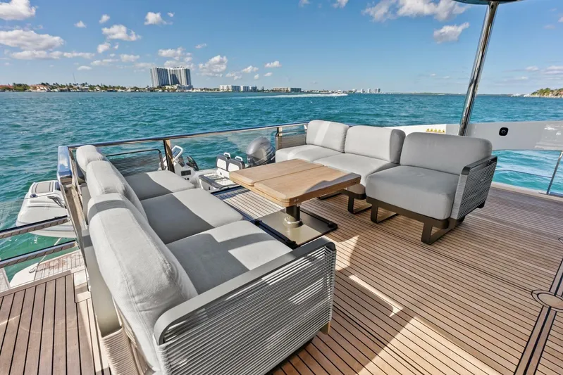 Fantasy Girl Yacht Photos Pics Luxurious deck seating on 2025 Absolute 75 Navetta yacht with ocean view.