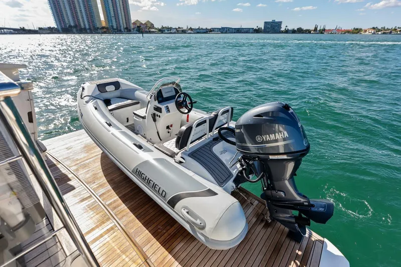 Fantasy Girl Yacht Photos Pics Luxury yacht Absolute 75 Navetta 2025 with Highfield tender and Yamaha engine on deck.