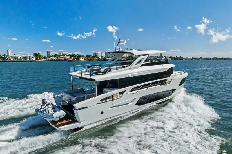 Fantasy Girl Yacht Photos Pics Luxury Absolute 75 Navetta yacht cruising on a sunny day, 2025 model.