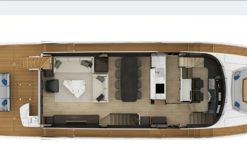 Fantasy Girl Yacht Photos Pics Top view of 2025 Absolute 75 Navetta yacht interior layout, featuring modern design and spacious living areas.
