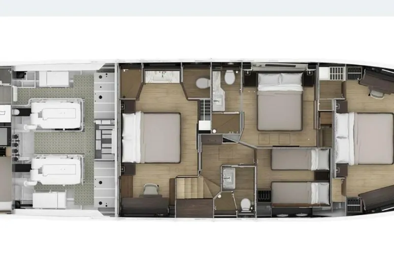 Fantasy Girl Yacht Photos Pics Floor plan of 2025 Absolute 75 Navetta yacht, showcasing bedrooms and engine room layout.