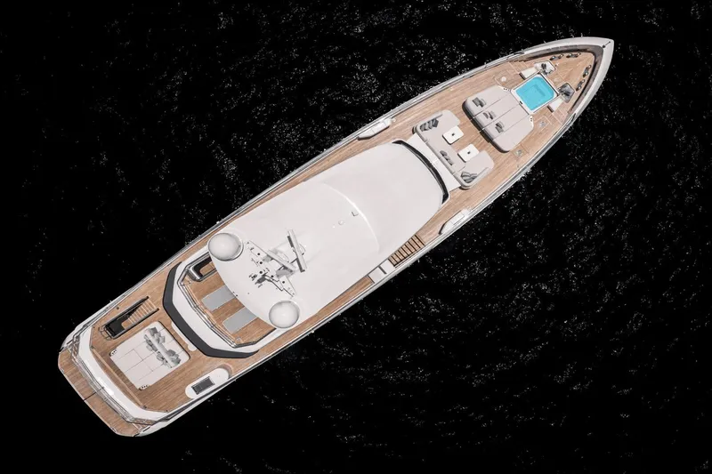  Yacht Photos Pics Aerial view of 2025 Azimut Grande 36M luxury yacht on dark water.