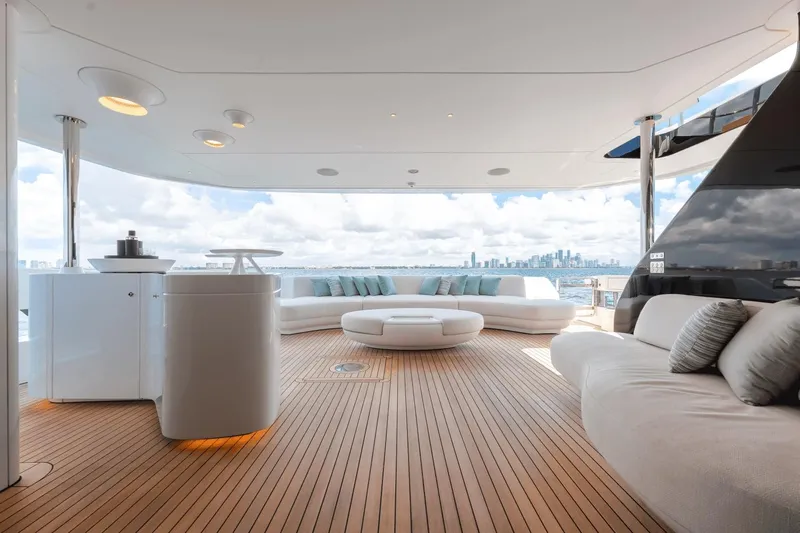 Yacht Photos Pics Luxurious deck of 2025 Azimut Grande 36M yacht with city skyline view.