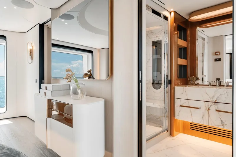 Yacht Photos Pics Luxurious interior of 2025 Azimut Grande 36M yacht with elegant marble bathroom.