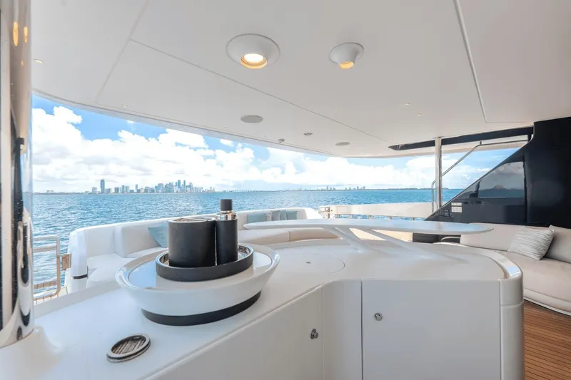  Yacht Photos Pics Luxurious 2025 Azimut Grande 36M yacht deck with ocean and city skyline view.