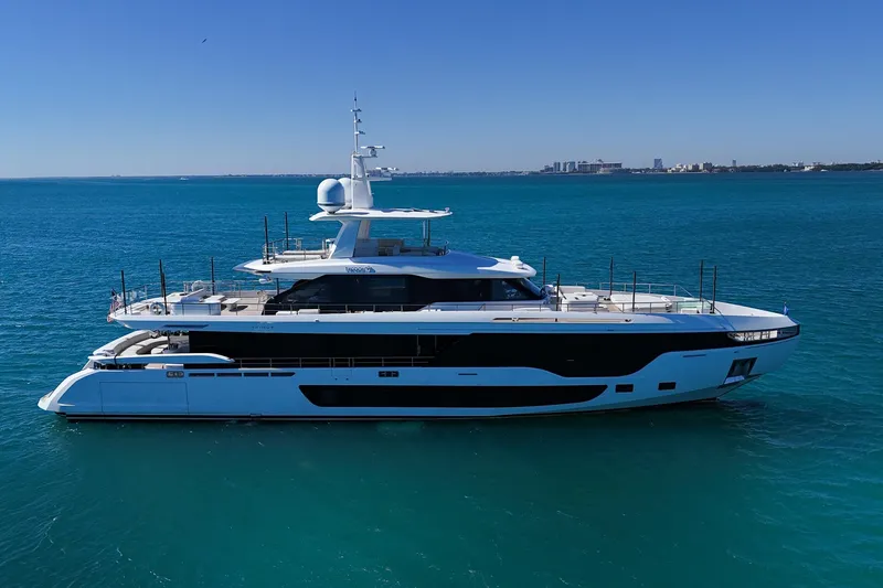  Yacht Photos Pics Luxury Azimut Grande 36M yacht, 2025 model, cruising on clear blue waters.