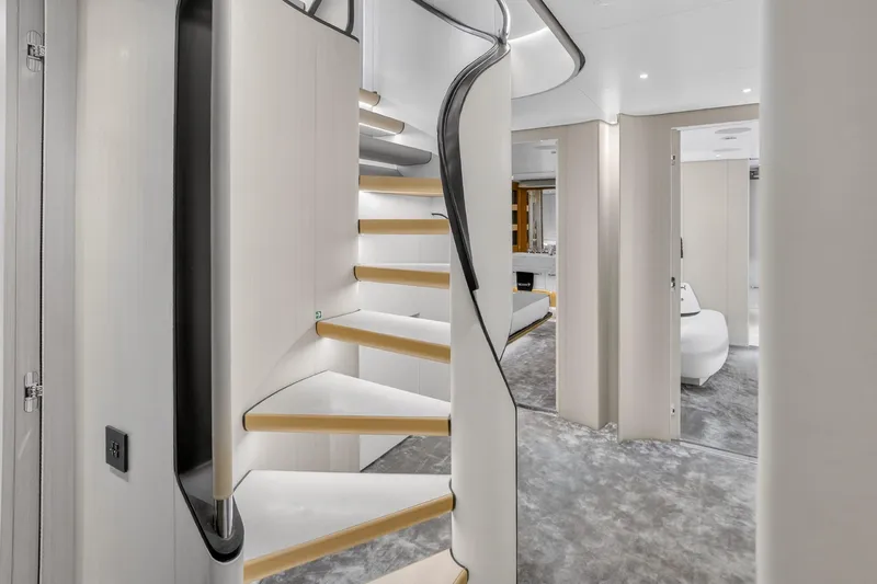  Yacht Photos Pics Interior of 2025 Azimut Grande 36M yacht featuring modern spiral staircase design.