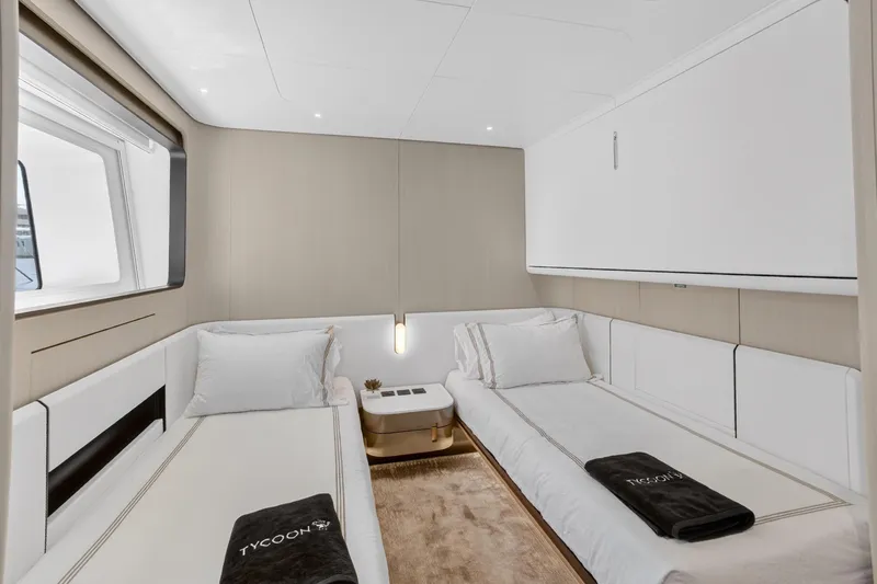  Yacht Photos Pics Luxurious twin cabin interior of 2025 Azimut Grande 36M yacht, featuring modern design and comfort.