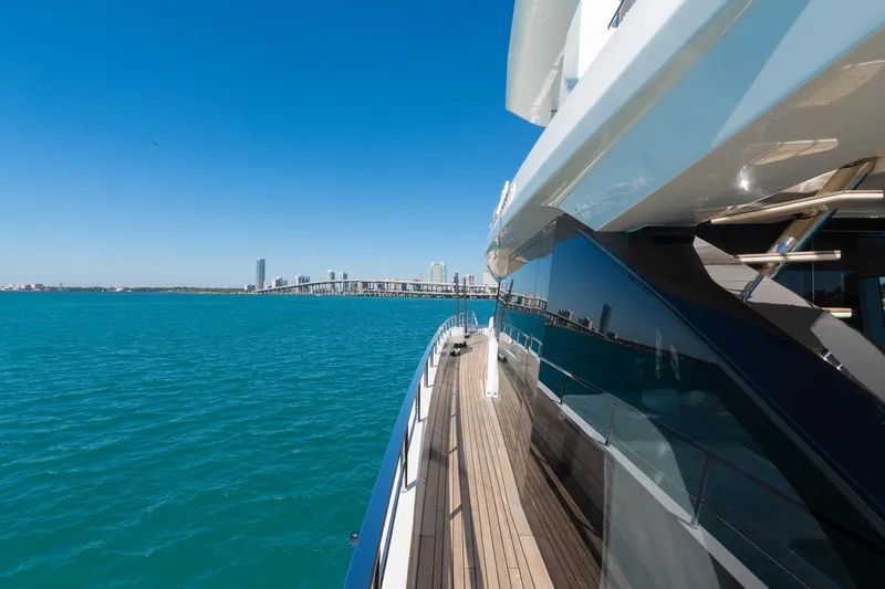  Yacht Photos Pics Azimut Grande 36M yacht cruising near city skyline, 2025 model.