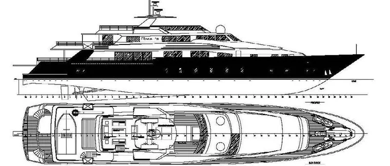  Yacht Photos Pics Blueprint of 1987 Benetti 50 CUSTOM yacht, side and top views, detailed design layout.