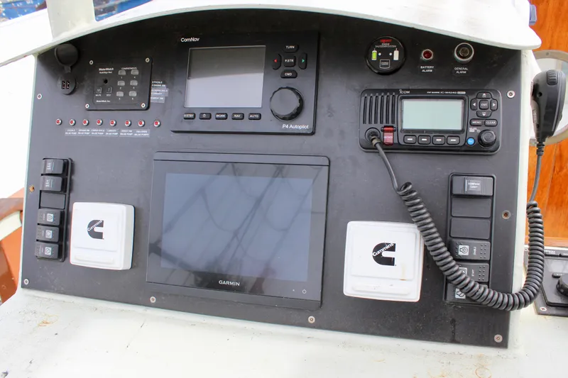 Hawaiian Chieftain Yacht Photos Pics Control panel of 1988 Lahaina Welding Co. Square Topsail Ketch with navigation and communication equipment.