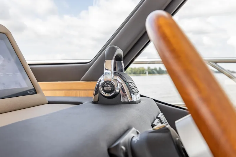  Yacht Photos Pics Close-up of 2024 Vripack 42 Open Kuip yacht controls with Volvo Penta throttle.