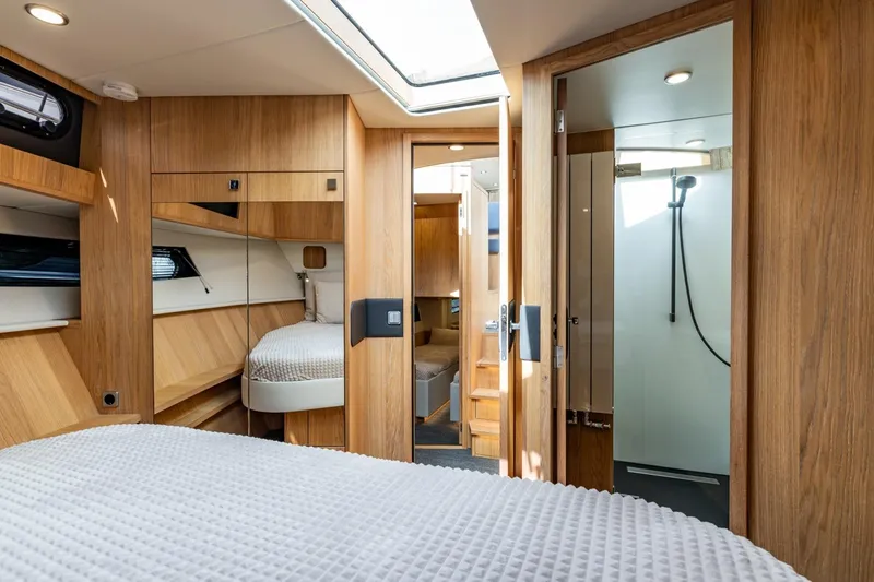  Yacht Photos Pics Luxurious interior of 2024 Vripack 42 Open Kuip yacht with modern wood finishes.