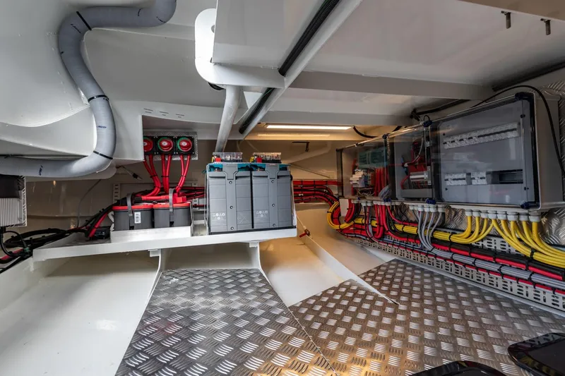  Yacht Photos Pics Engine room of 2024 Vripack 42 Open Kuip with stabilizers, featuring wiring and batteries.