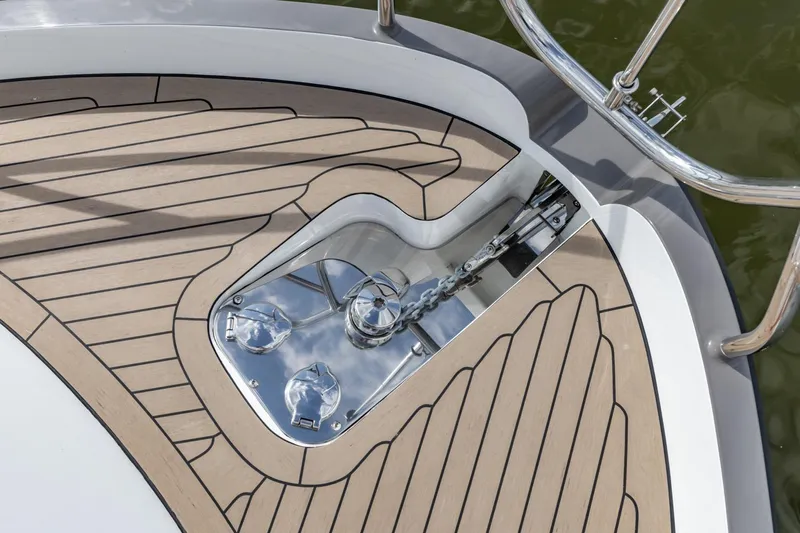  Yacht Photos Pics Teak deck detail of 2024 Vripack 42 Open Kuip yacht with stabilizers.