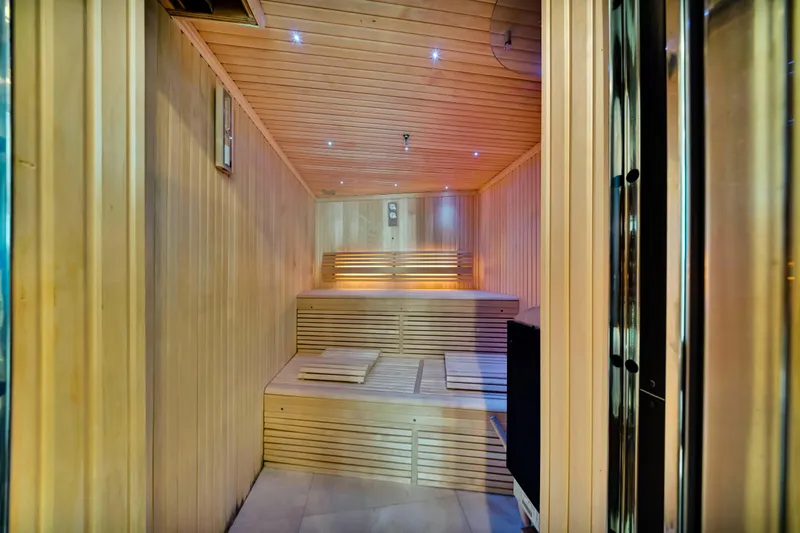 Natural 9 Yacht Photos Pics Luxurious wooden sauna interior on a 2009 Sunseeker 37 Metre Yacht.