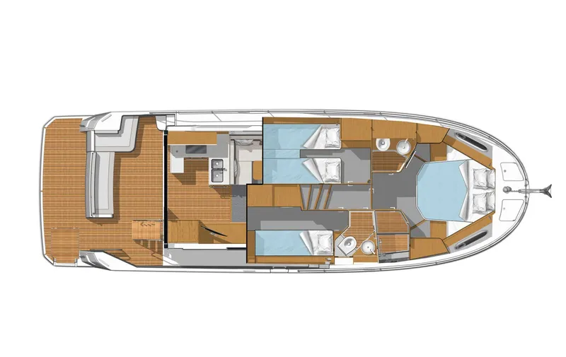  Yacht Photos Pics 2023 Beneteau Swift Trawler 41 Fly floor plan, featuring cabins, bathrooms, and living areas.