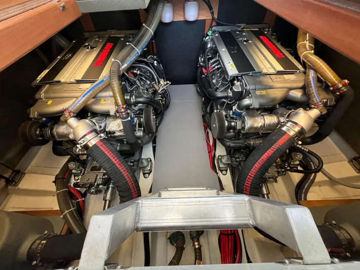  Yacht Photos Pics Engine room of 2023 Beneteau Swift Trawler 41 Fly with dual engines.