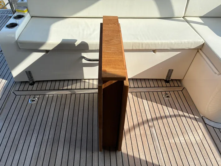  Yacht Photos Pics 2023 Beneteau Swift Trawler 41 Fly deck with seating and wooden table.