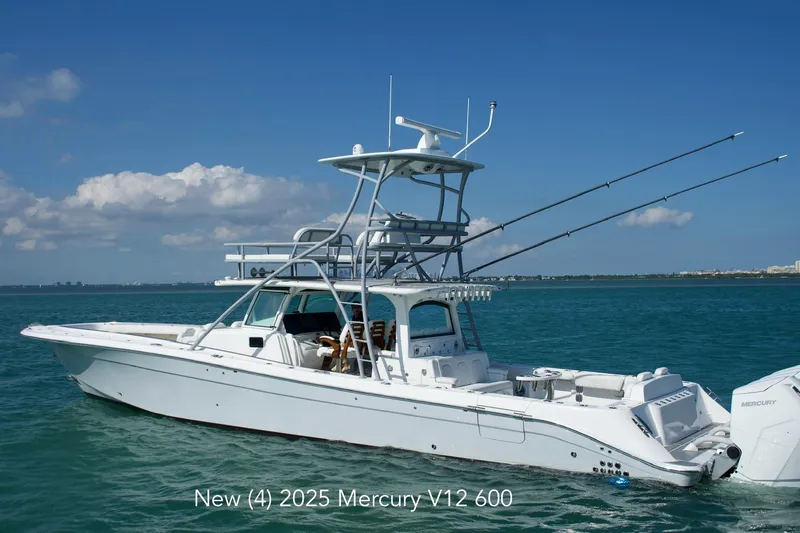  Yacht Photos Pics 2023 HCB 53 Sueños boat with four 2025 Mercury V12 600 engines on the water.