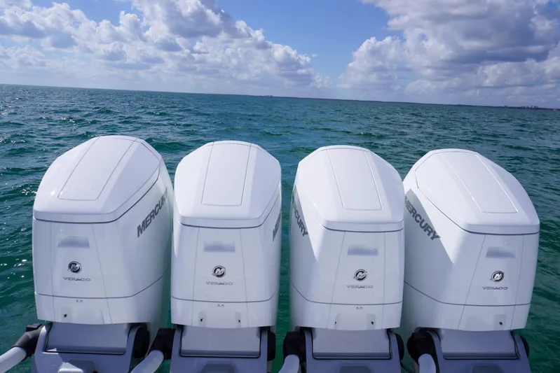  Yacht Photos Pics Four Mercury Verado outboard engines on HCB 53 Sue&ntilde;os, 2023 model, in open sea.