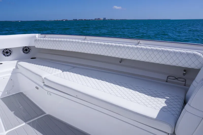  Yacht Photos Pics Luxurious seating on 2023 HCB 53 Sue&ntilde;os boat with ocean view.