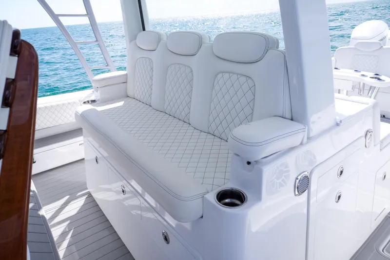  Yacht Photos Pics Luxurious seating on 2023 HCB 53 Sue&ntilde;os boat with ocean view.