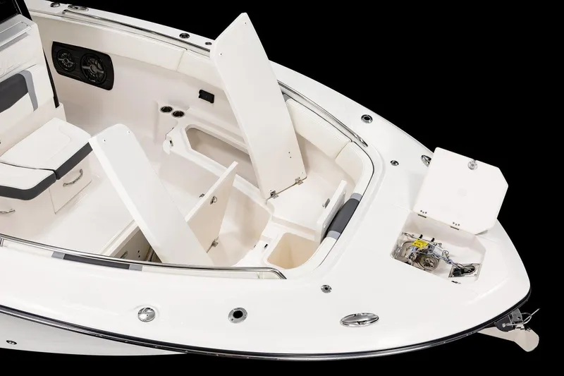  Yacht Photos Pics Manufacturer Provided Image: 2025 Robalo R300 Center Console boat with open storage compartments and seating.