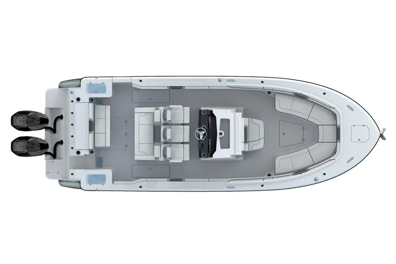 300-115 Yacht Photos Pics Manufacturer Provided Image: 2025 Robalo R300 Center Console boat, top view, dual engines, spacious deck layout.