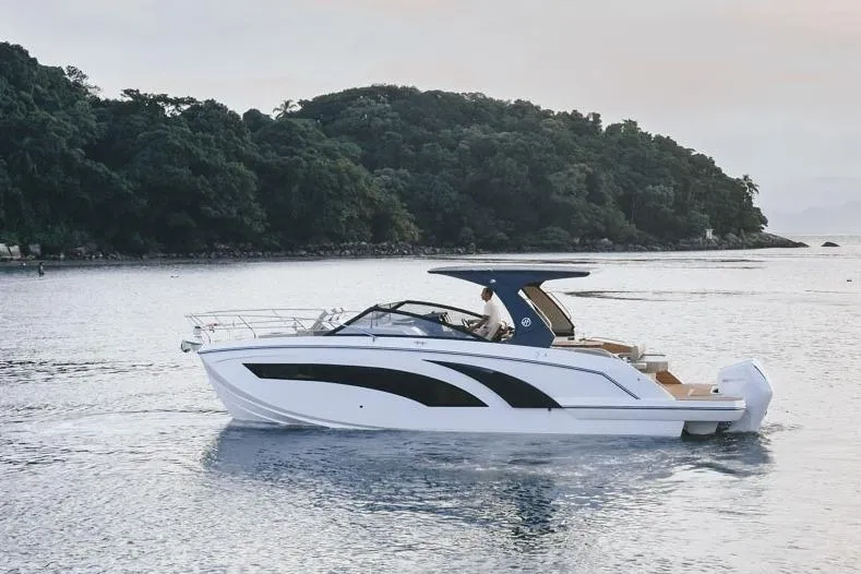  Yacht Photos Pics 2024 Hanover 347 White & Black Edition boat cruising near lush island.