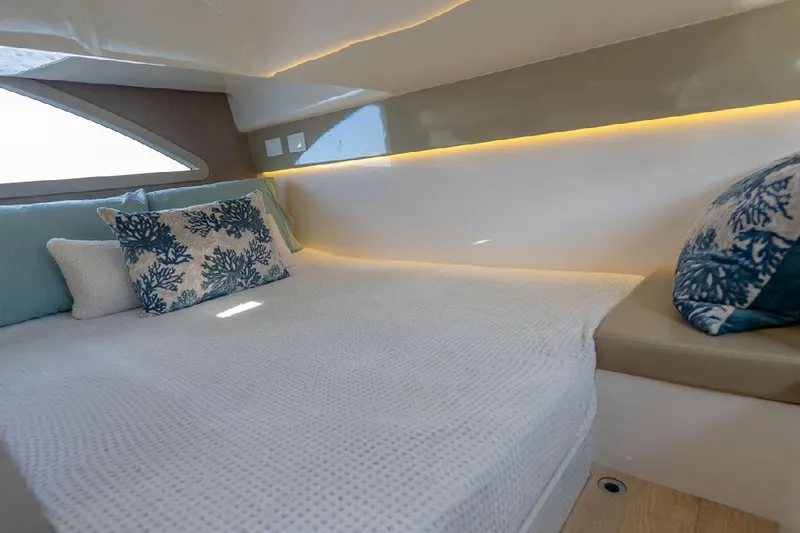  Yacht Photos Pics Luxurious interior cabin of 2024 Hanover 347 White & Black Edition yacht.