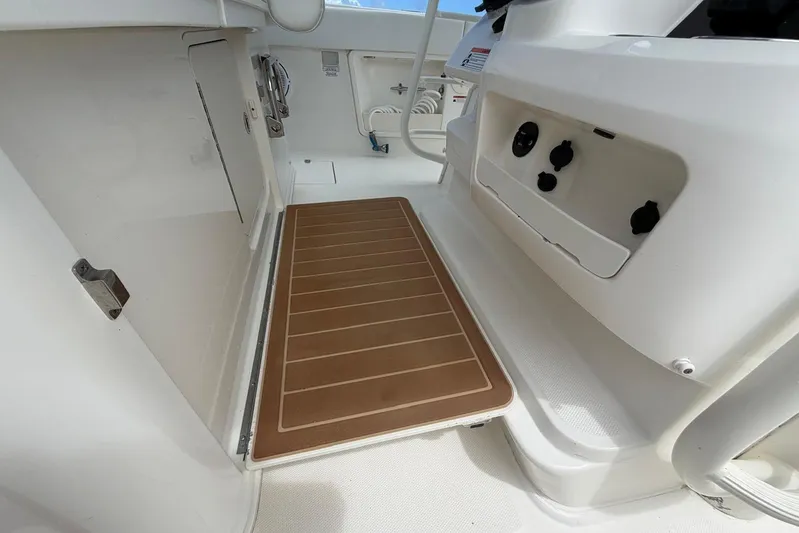  Yacht Photos Pics Interior view of a 2010 Boston Whaler 370 Outrage boat, featuring a brown deck mat.