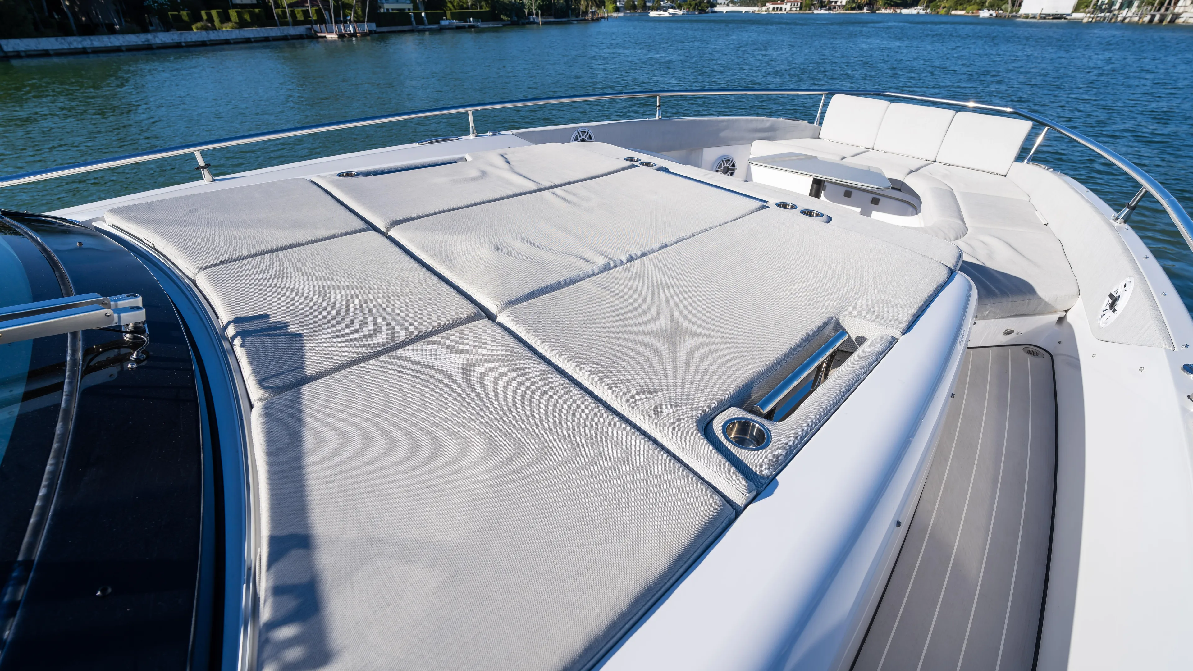 G-jazss Yacht Photos Pics 2022 Azimut Verve 47 yacht with spacious sunbathing deck on calm waters.