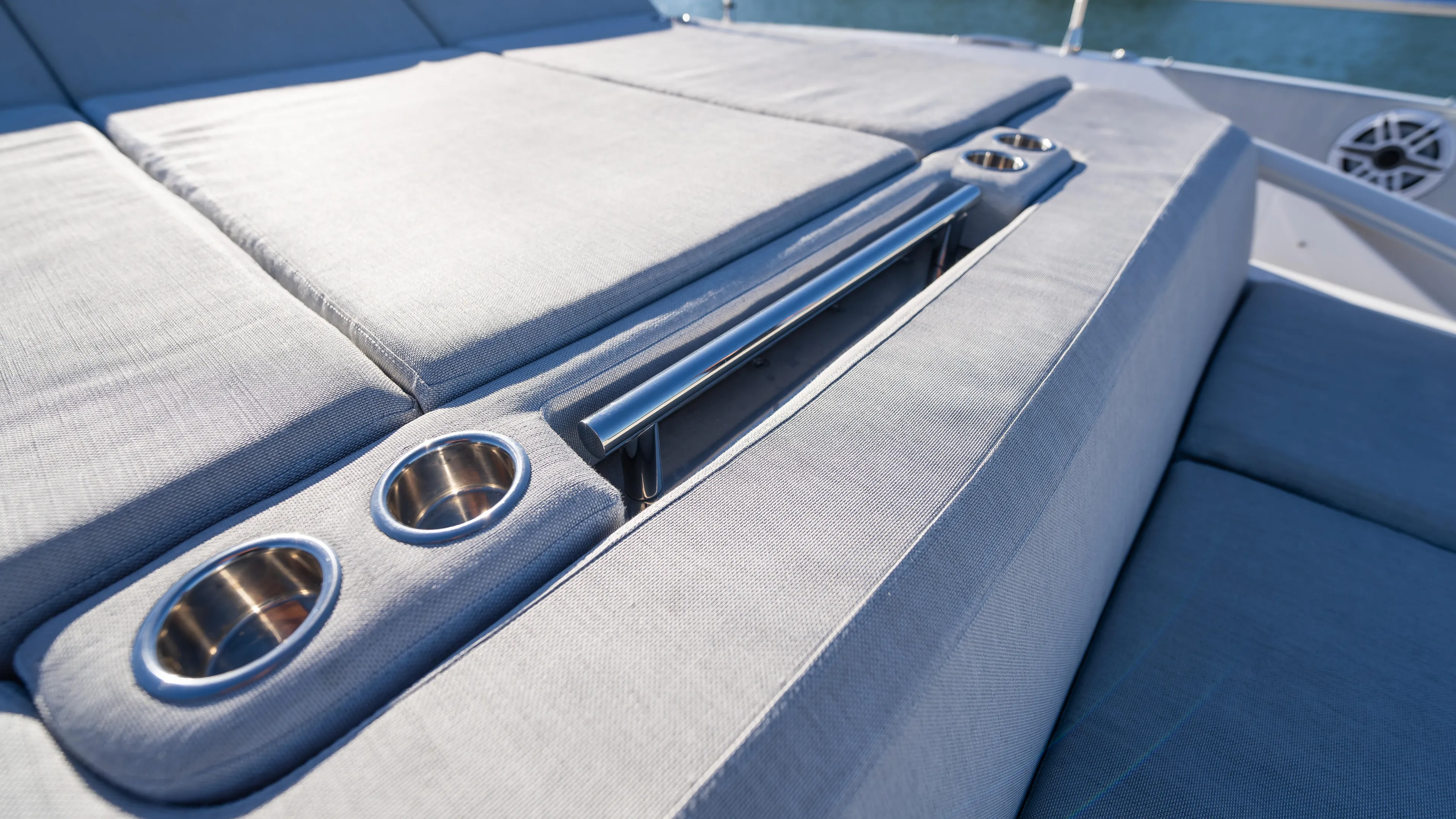 G-jazss Yacht Photos Pics 2022 Azimut Verve 47 yacht sunbed with cup holders and sleek design.