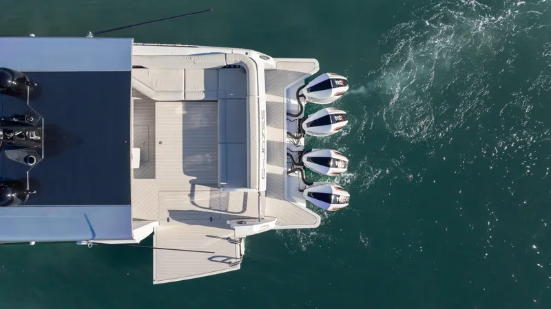 G-jazss Yacht Photos Pics Azimut Verve 47 (2022) luxury yacht, aerial view, with four powerful outboard engines.