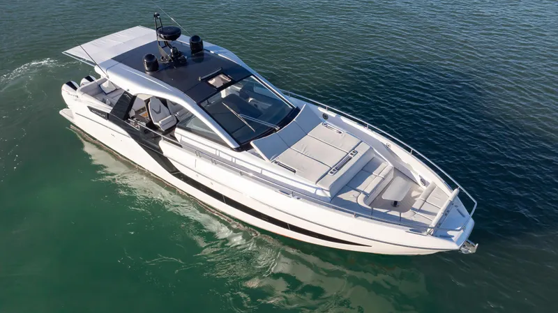 G-jazss Yacht Photos Pics 2022 Azimut Verve 47 luxury yacht cruising on clear blue water.