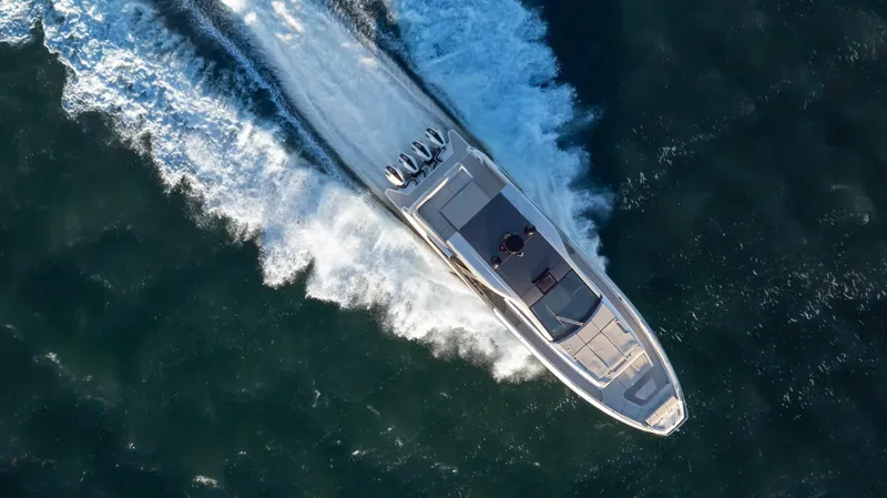 G-jazss Yacht Photos Pics Aerial view of 2022 Azimut Verve 47 yacht cruising on open water.