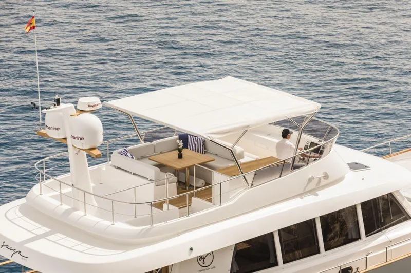 Sasga Yachts 68 Flybridge Yacht Photos Pics 2026 Sasga Yachts Menorquin 68 FB, luxury flybridge yacht on open sea.
