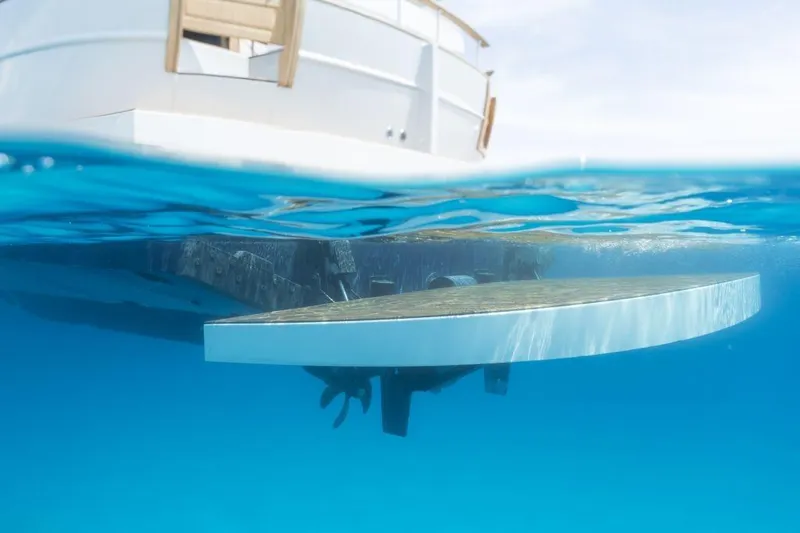 Sasga Yachts 68 Flybridge Yacht Photos Pics Underwater view of 2026 Sasga Yachts Menorquin 68 FB, showcasing hull and propeller.